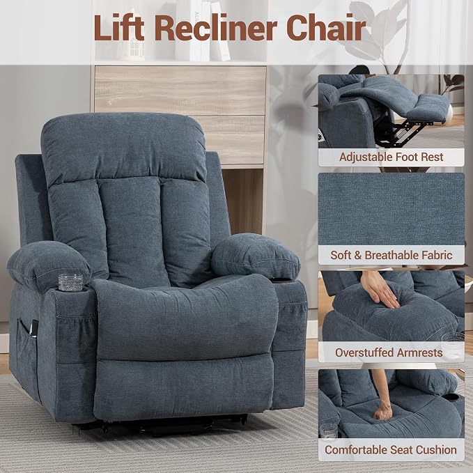 Power Lift Recliner Chair for Elderly, Electric Lift Chair with Vibration Massage and Lumbar Heat, Reclining Chair with USB Charging Port, Cup Holders, Ergonomic Sofa for Living Room, Blue