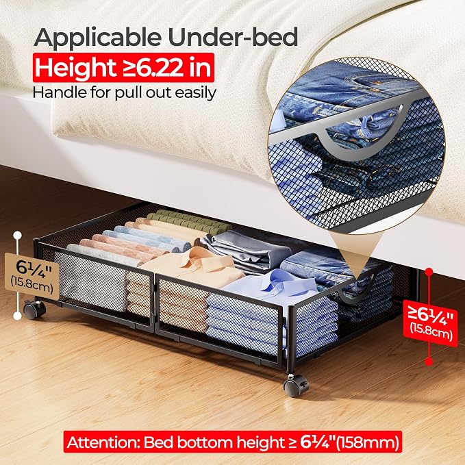 Yecaye Under Bed Storage with Wheels, 2 Pack Under Bed Shoe Storage Organizer Drawer, Tool-free Assembly Metal Underbed Storage Containers for Clothes, Shoes, Toys, Black