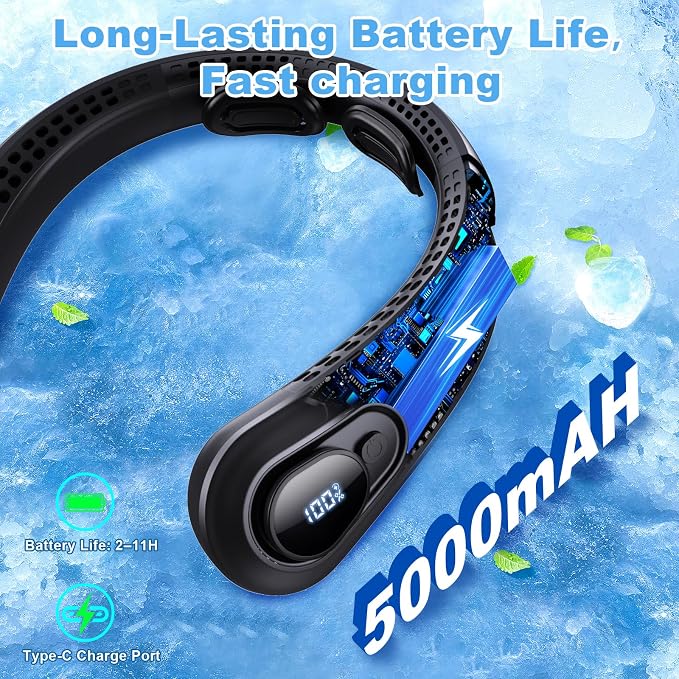 Portable Neck Fan Rechargeable - [with LED Display] 5 Speeds, 5000 mAh Battery Operated Wearable Personal Cooling Bladeless Fan for Outdoor Travel, Gifts for Men Women Kids,Black