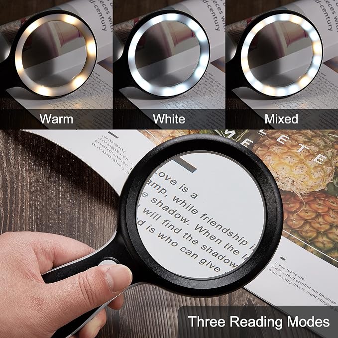 10X Lighted Large Handheld Reading Magnifier Glasses | 18 LED Lights for Macular Degeneration, Seniors & Kids Reading, Inspection, Coins, Jewelry, Exploring