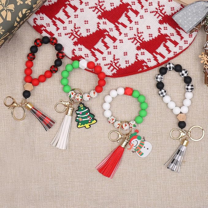 BAOSIWA Silicone Key Ring Bracelet Wristlet Keychain Unique Beaded Bangle Key Chains for Women with Leather Tassel