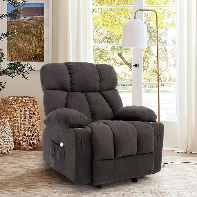 Massage Rocker Recliner Chair with Heat and Vibration Ergonomic Rocking Lounge Chair for Living Room Comfy Overstuffed Recliner with 4 Side Pockets, 2 Cup Holders, Black