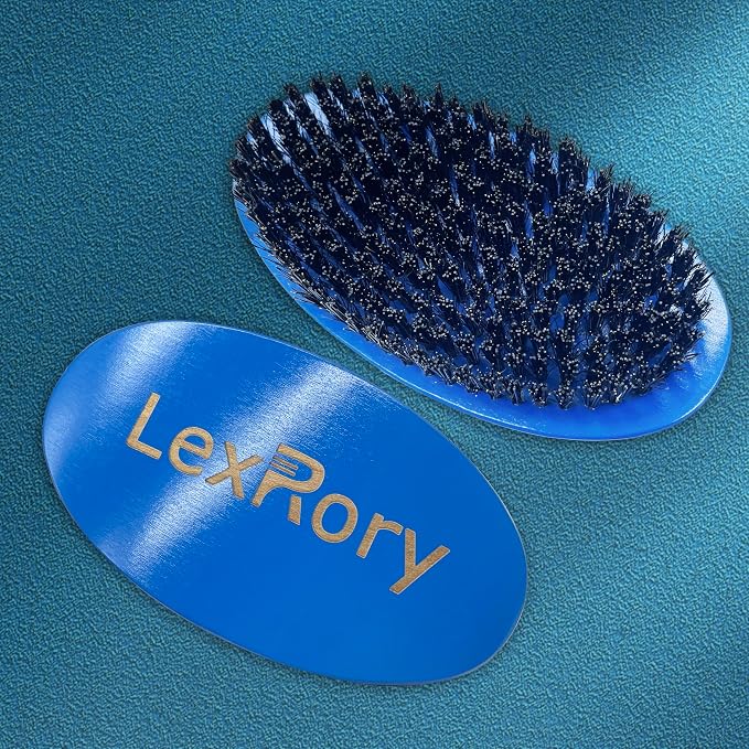 Wave Brush 360 Degree Curved for Men - Medium Hard Hair Brushes | Natural Palm Brush Boar Bristles with Firm Nylon for Wavy Hair Routine Brushing (Blue)