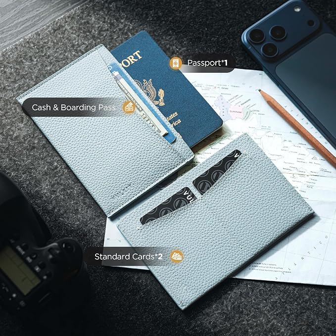 VULKIT Passport Cover Ultra Slim Design Leather Passport Sleeve RFID Blocking with 2 Card Slots, Anti-Theft Travel Essentials