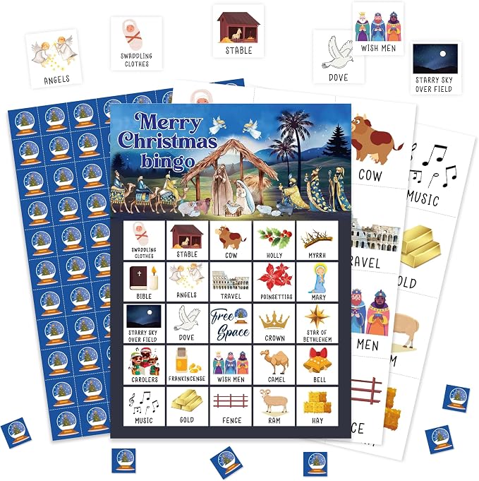 Christmas Bingo Game Cards, Nativity Bingo Games for Adults, Xmas Bingo Cards Supplies, Winter Holiday Party Decor Favors, Card Gifts for Friends Family Holiday, (Christmas)