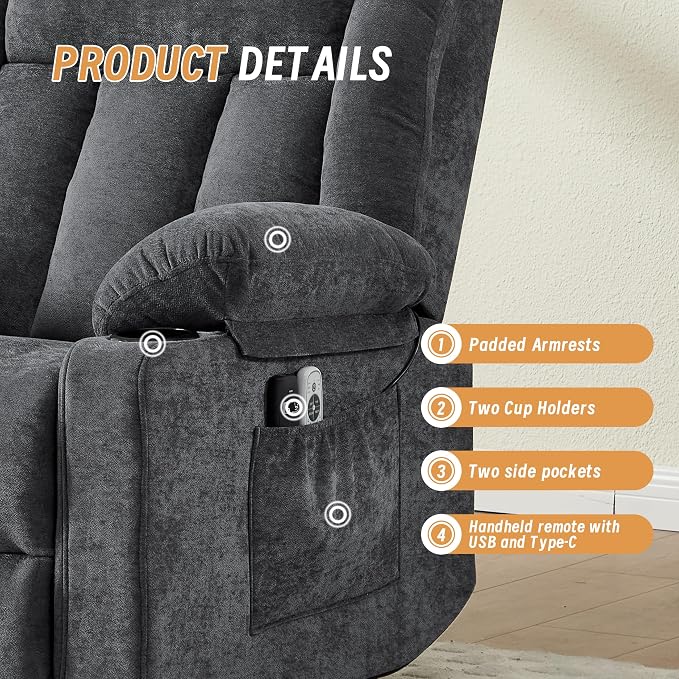 Power Lift Recliner for Elderly,Electric Recliner Chair with Massage & Heating for Adults, USB Charging, Cup Holders, Side Pocket, Living Room Sofa L1288 (Dark Grey)
