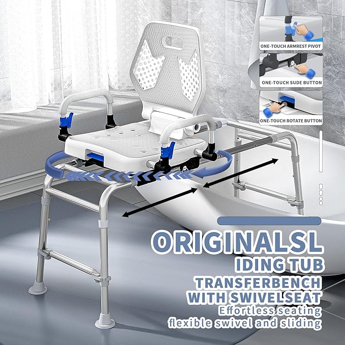 Sliding Shower Chair Swivel Tub Transfer Bench with Backrest with Non Slip Suction Cups 400lbs