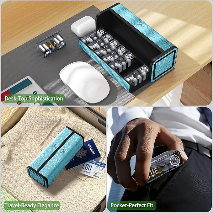 Aesthetic Pill Organizer 7 Day AM PM, Discreet 2 Times a Day Weekly Pill Box with Double Protection Shell, Large Capacity Portable Vitamin Case for Travel Meds & Medicine Organizer (Blue)