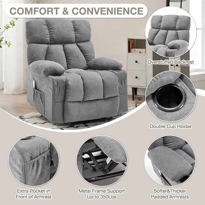 Massage Rocker Recliner Chair with Heat and Vibration Ergonomic Rocking Lounge Chair for Living Room Comfy Overstuffed Recliner with 4 Side Pockets,2 Cup Holders, USB Charge Port, Grey