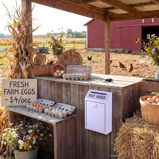 Yaocom Safe Metal Cash Box for Farm Stand – Money Drop and Secure Donation Collection, Wall Mount Lockable Unit with Pre Drilled Holes for Outdoor Self Serve(Morandi Purple,10.2 x 5.7 x 2.8 Inch)