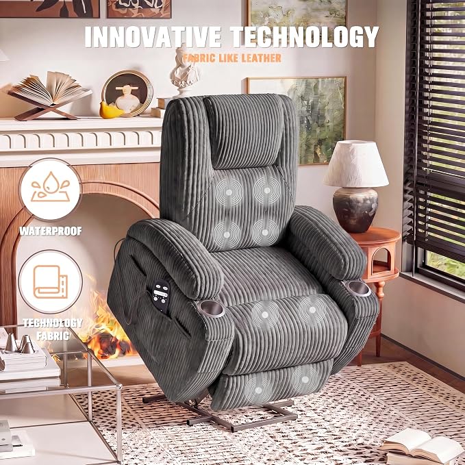 Flamaker Power Lift Recliner Chair Electric Lift Recliner for Elderly | Power Lift Recliner Chair with Cup Holders Side Pockets for Living Room (Corduroy, Dark Gray)