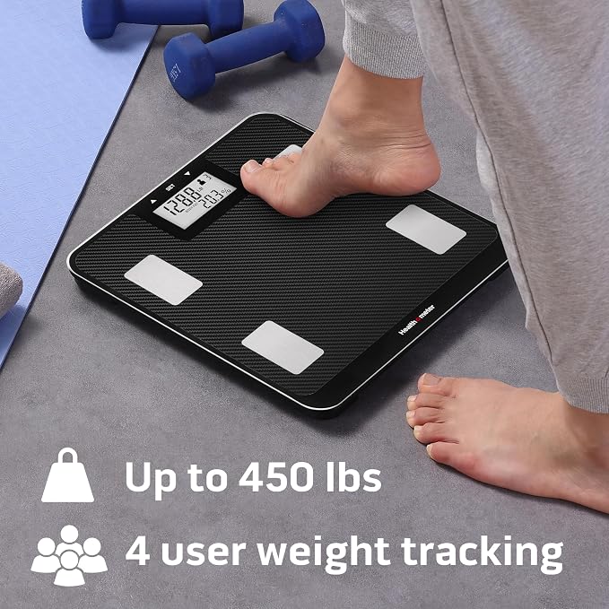 Health o meter Digital Body Composition Scale – BMI, Body Fat & Water Mass Measurement, Multi-User Tracking, 450 lb Capacity, Step-On Carbon Fiber Platform, Backlit Display, 3 AAA Batteries Included