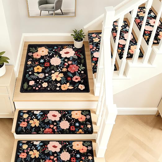 RORA Stair Treads Landing Mat, 30x30 Stair Landing Rug for Indoor | Non-Slip, Washable, For Wooden Steps, Floral Design, Stair Rugs Mat for Pets, Black