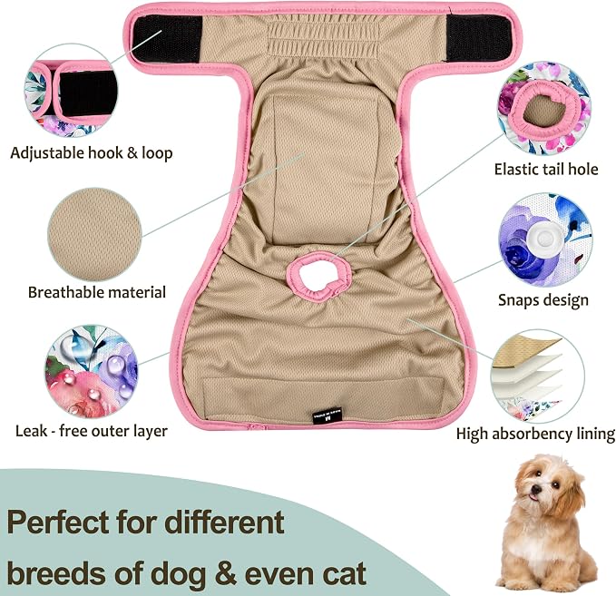 Female Dog Diapers - Reusable Diapers for Doggie in Heat - Highly Absorbent for Pet Incontinence with Snaps (Pack of 3) Rose, L