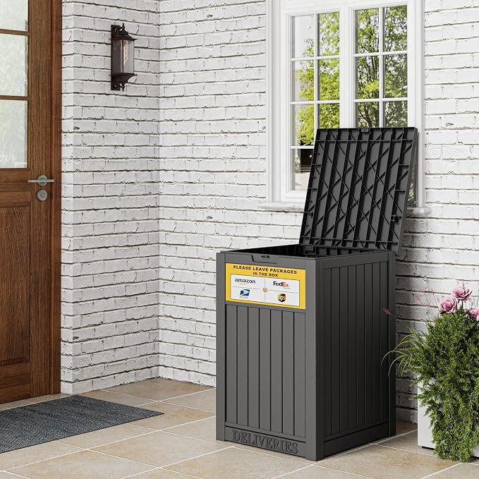 Outdoor Package Delivery Box with Lockable Secure and Sign, Resin Waterproof Outdoor Package Drop Container for Backyard, Garden, Patio & Lawn, Black with Sign