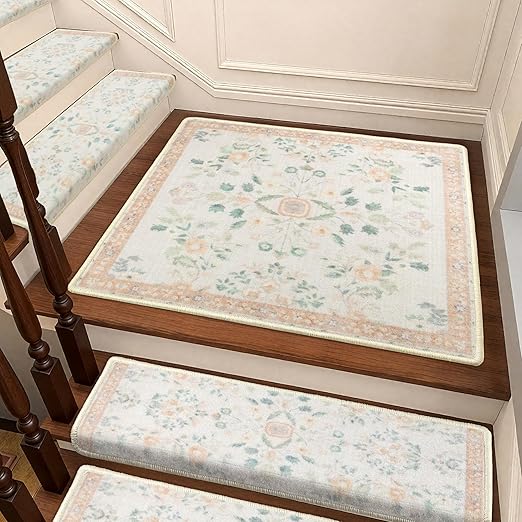 RORA Stair Treads Landing Mat, 30x30 Stair Landing Rug for Indoor | Non-Slip, Washable, For Wooden Steps, Floral Design, Stair Rugs Mat for Pets, Beige