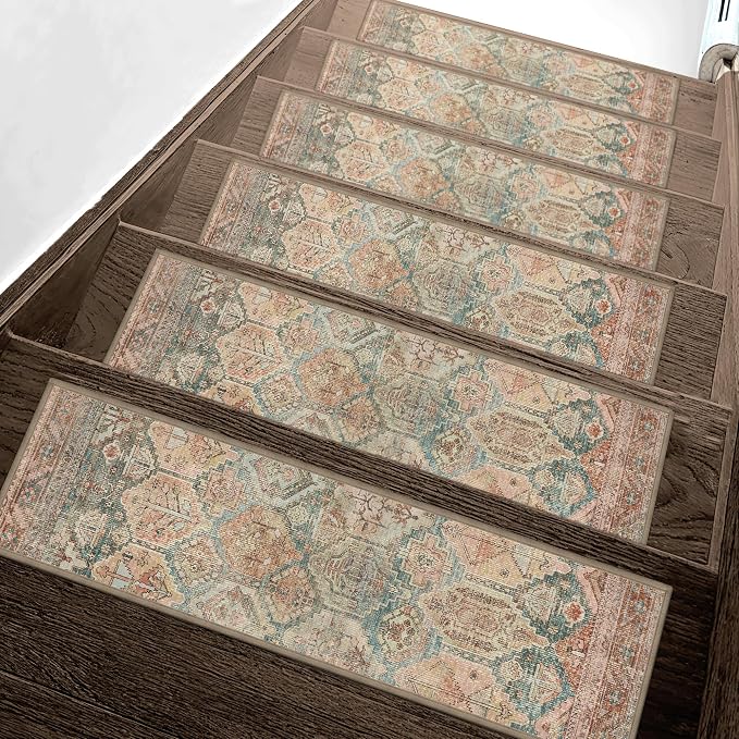 sarben 8"x30" Non Slip Stair Treads for Wooden Steps 15 Pack,Cedarwood Sage | Peel and Stick Carpet Stair Runner with TPE Adhesive Backing, Carpet for Added Safety, Pet and Senior Friendly