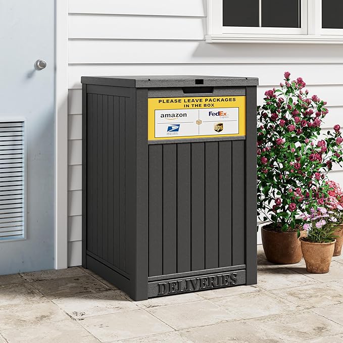 Outdoor Package Delivery Box with Lockable Secure and Sign, Resin Waterproof Outdoor Package Drop Container for Backyard, Garden, Patio & Lawn, Black with Sign