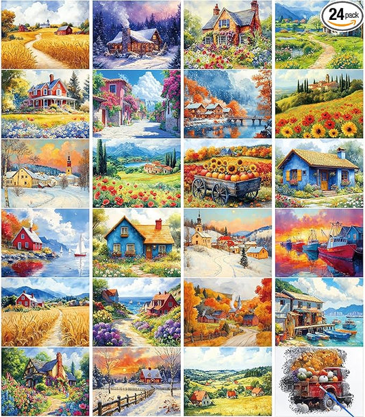 24 Pcs Dementia Products for Elderly Alzheimers Activities for Adults Seniors Reusable Water Painting Supplies with 1 Painting Brush Water Doodle Coloring Drawing Gifts Set(Country Life)