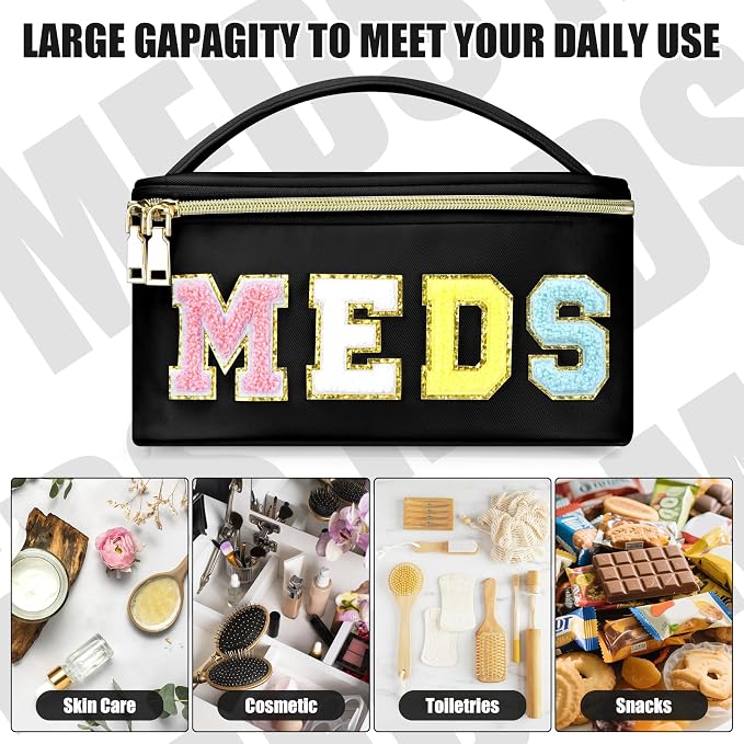 BuyCard Medicines Chenille Letter Bag Nylon Meds Makeup Pouch Preppy Path with Zipper and Handle Cosmetic Toiletry Storage Purse for Women Black