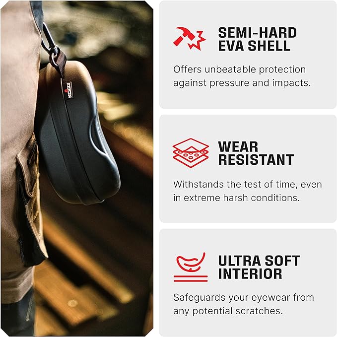 NoCry Water Resistant Safety Glasses Case with Clip - Heavy Duty Semi Hard Large Sunglasses Holder for Men and Women with Cleaning Cloth