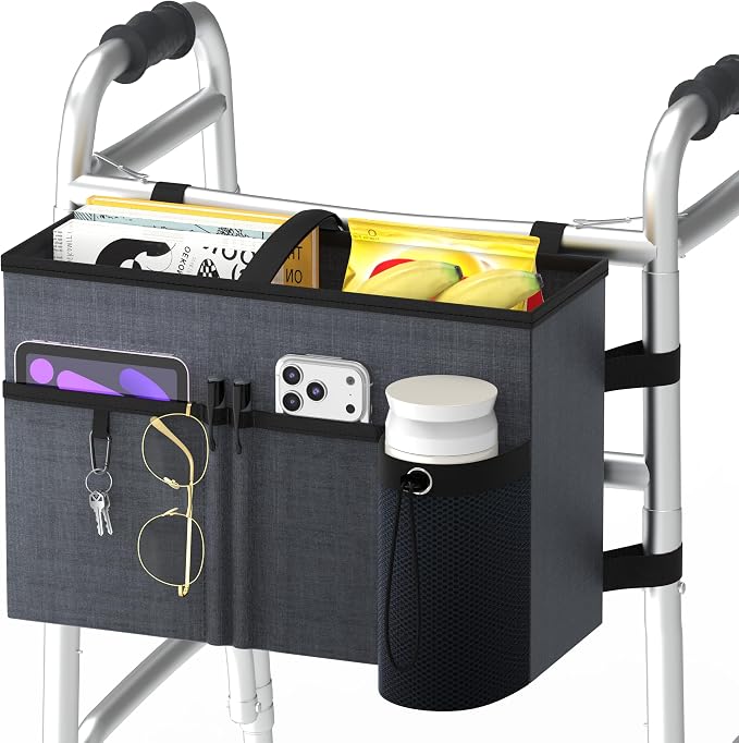 2026 Upgraded Walker Basket with Cup Holder Foldable Bag Tray Gray | Heavy-Duty Oxford Fabric, Walker Accessories for Seniors, Walker Storage Pouch Organizer, Large Capacity