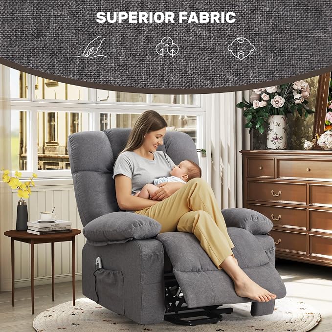 Oversized Power Lift Recliner Chair for Elderly, Big and Tall Lift Chair with Massage and Heat for Living Room, Fabric Electric Recliner Chairs with Side Pocket, USB Charge Port Grey