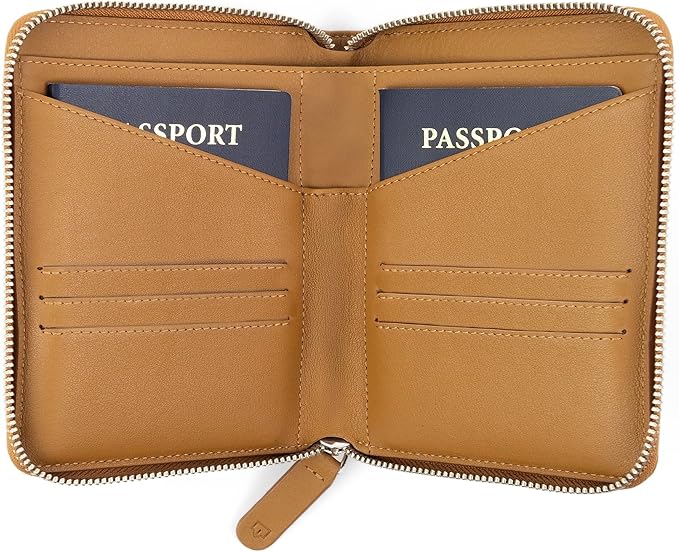 Full Grain Leather Passport Holder for 2 Passports - Dual Passport Holder and Travel Documents Organizer - RFID Travel Wallet for Couples - Camel