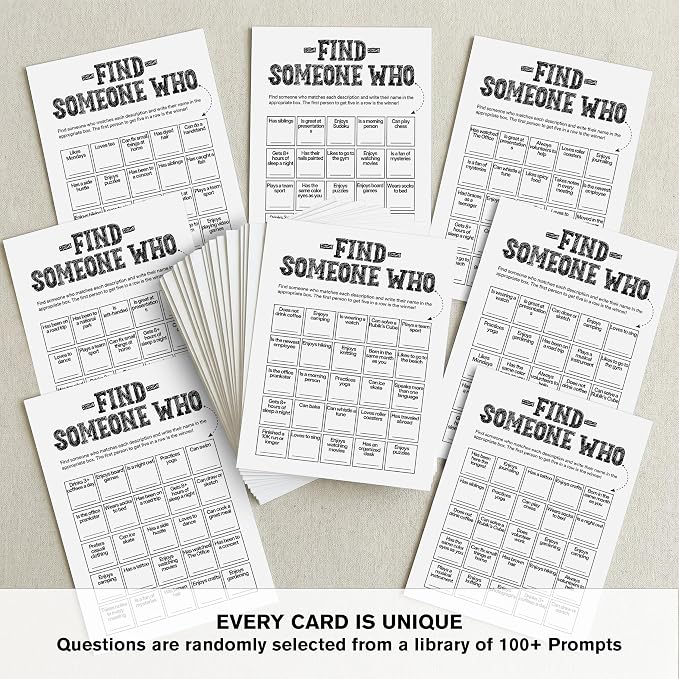 Find Someone Who Bingo Cards, 25 Unique Randomized 5x7 Sheets, Get to Know You Bingo Game for Adults, Ice Breaker Office Party Games, Team Building Games for Work, High Replay Value - A05