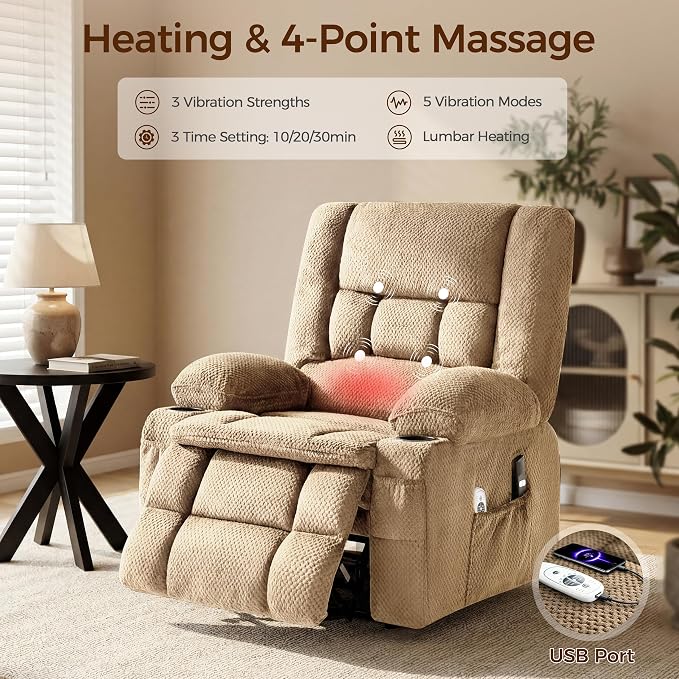 Power Lift Recliner Chair for Elderly, Electric Reclining Lift Chair with Massage and Heating, Comfy Overstuffed Recliner Single Sofa with Cup Holders, Pockets, USB Charge Port for Living Room, Camel