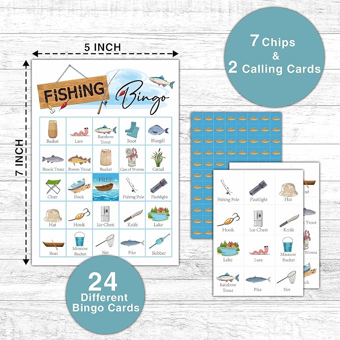 Fishing Bingo Game - Let's Go Fishing Bingo Card - 24 Players Game Set Indoor Outdoor Activities - Camping Party, Birthday Party Favors Supplies -A01