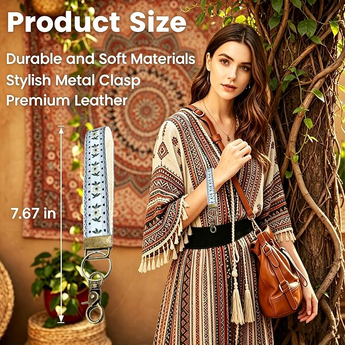 Boho Vintage Embroidered Floral plant Wristlet Keychain for Women | Cute Lanyard&Antique Brass Clasp, Lightweight Hands-Free Key Holder for keys,purses,handbags and daily outdoor use for ladies