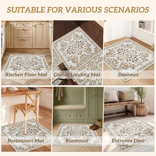 RORA Stair Treads Landing Mat, 30x30 Stair Landing Rug for Indoor | Non-Slip, Washable, For Wooden Steps, Floral Design, Stair Rugs Mat for Pets, Brown