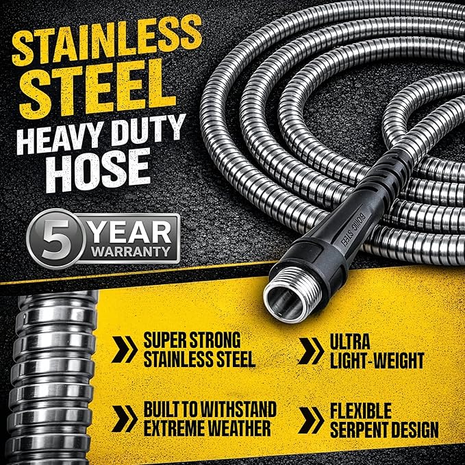 BIONIC STEEL 50 Ft Metal Garden Hose with Sprayer Nozzle | Non Kinking Design, Stainless Steel Heavy Duty Water Hose 50Ft x 5/8 in. Flexible & NON Expandable for Water Flow, 500 PSI