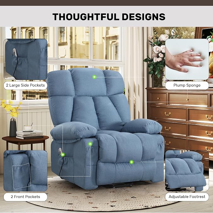 Oversized Power Lift Recliner Chair for Elderly, Big and Tall Lift Chair with Massage and Heat for Living Room, Fabric Electric Recliner Chairs with Side Pocket, USB Charge Port Blue