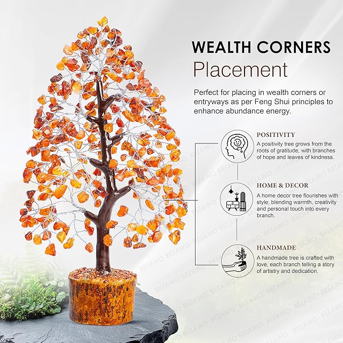 Crocon Carnelian Chakra Tree of Life - Crystal for Positive Energy, Handmade Gemstone Feng Shui Decor, Good Luck Money Tree Bonsai - Orange Healing Crystals for Sacral Chakra, Prosperity Gift