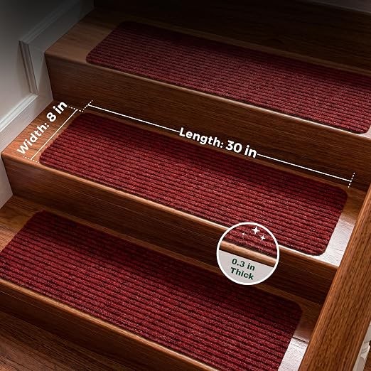 MBIGM Carpet Stair Treads for Wooden Steps, 15 Pack, 8" x 30", Red Stripe | Four-layer polyester carpet with PP grid base, nonwoven cushion and TPR adhesive backing adds indoor traction and comfort