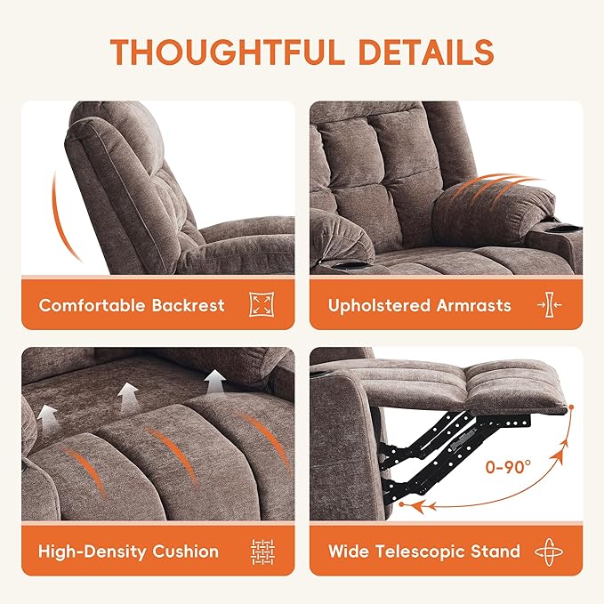 Ketaiyou Power Swivel Rocker Recliner Chair for Adults with Massage and Heat, USB and Type-C Ports, Infinite Position, Electric Glider Reclining Single Sofa Chair for Living Room (Coffee New)