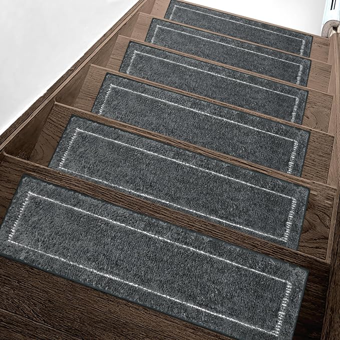 sarben 8"x30" Non Slip Stair Treads for Wooden Steps 15Pk, Charcoal Border | Peel and Stick Carpet Stair Runner with TPE Adhesive Backing, Carpet for Added Safety, Pet and Senior Friendly