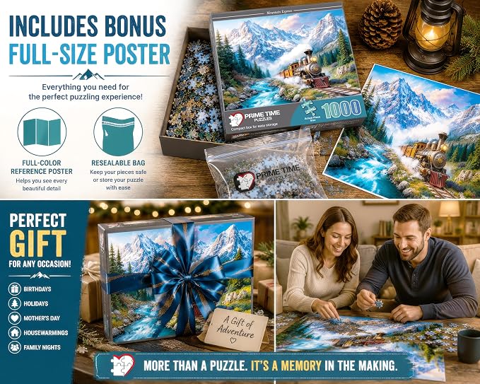 Adult Jigsaw Puzzle 1000 Piece Mountain Express | Features a steam locomotive thundering down the train tracks. Challenging 20x27 inch finished display.