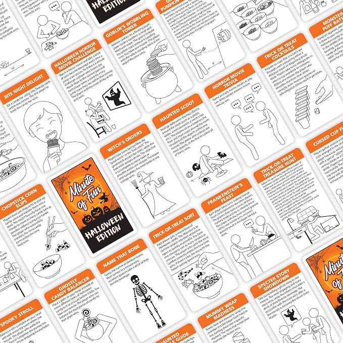 Funwares Minute of Fun Halloween Edition, 100 Challenges, 2-12 Players | Minute to Win It Style Spooky Games like Zombie Munch & Mummy Wrap, Uses Household Items, Halloween Party Hit, Ages 8+