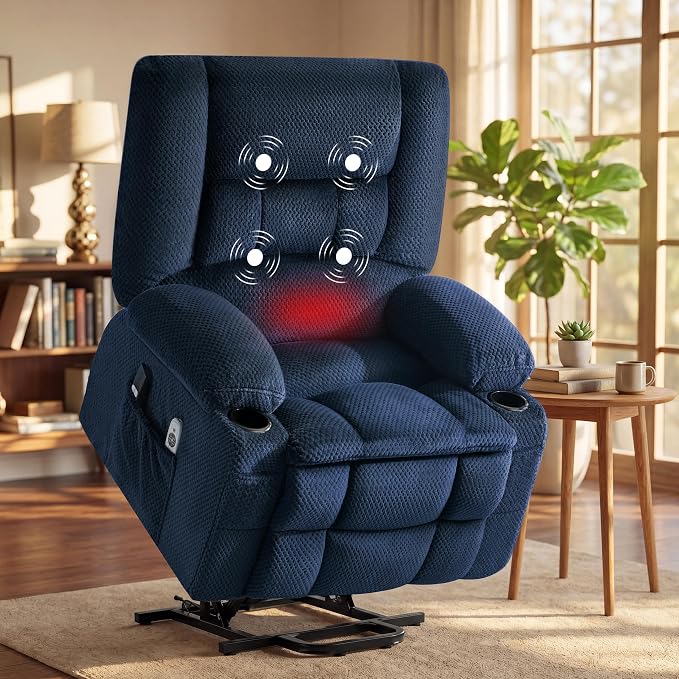Power Lift Recliner Chair for Elderly, Electric Reclining Lift Chair with Massage and Heating, Comfy Overstuffed Recliner Single Sofa with Cup Holders,Pockets,USB Charge Port for Living Room,NavyBlue