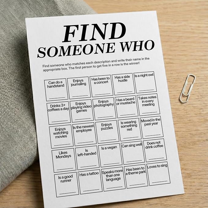 Find Someone Who Bingo Cards, 25 Unique Randomized 5x7 Sheets, Get to Know You Bingo Game for Adults, Ice Breaker Office Party Games, Team Building Games for Work, High Replay Value - A04