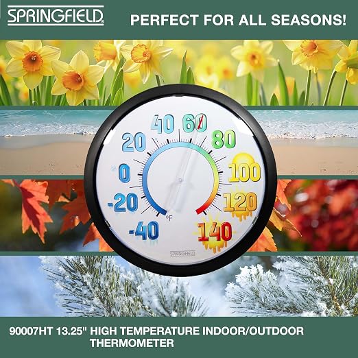 Springfield Big & Bold Outdoor Wall Thermometer, 13.25-Inch High Temperature Weather-Resistant Patio Thermometer with Easy-to-Read Colorful Display for Backyard, Porch, Garden, or Deck, White