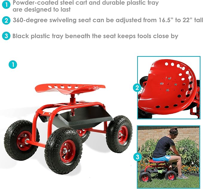 Sunnydaze Rolling Garden Cart with Swivel Seat and Storage, Red | Steel Rolling Gardening Seat with Utility Tray, and Basket for Storage, Rotating, Swiveling Motion
