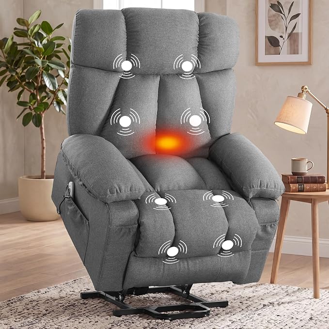 Power Lift Recliner Chair for Elderly, Big and Tall Lift Chair with Massage and Heat for Living Room, Fabric Electric Recliner Chairs with Side Pocket, USB Charge Port Grey