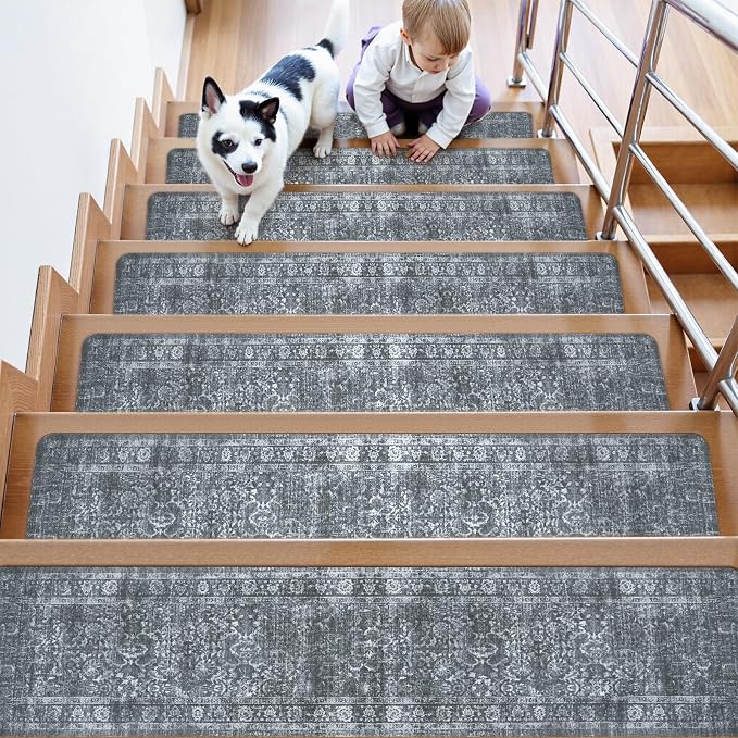 OJIA Stair Treads Non-Slip Stair Runner for Wooden Steps 15PC 30"x8" | Vintage Carpet Stair Treads for Wood Steps Indoor Stair Mat Staircase Step Treads for Kids, Elders, Dogs, Stair Covers, Gray