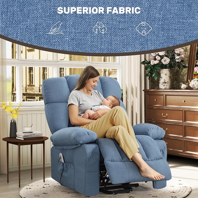 Power Lift Recliner Chair for Elderly, Big and Tall Lift Chair with Massage and Heat for Living Room, Fabric Electric Recliner Chairs with 4 Side Pockets, USB Charge Port,Blue