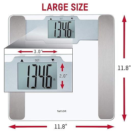 Taylor Digital Glass Bathroom Scale with Body Fat, Body Water and Muscle Mass Analysis - Clear Tempered Glass Platform, 400 lb Capacity, Large Display, Stainless Steel Accents