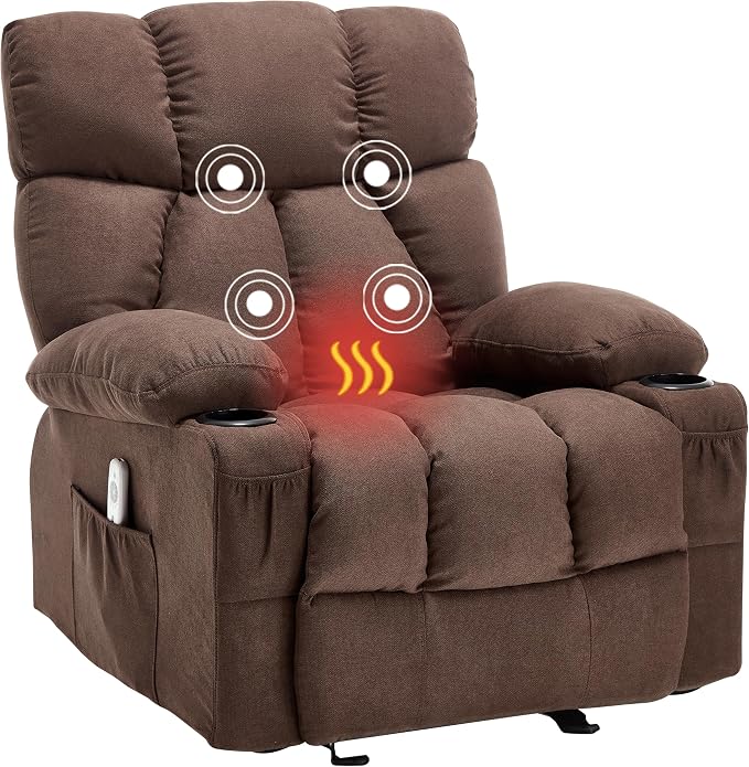 Massage Rocker Recliner Chair with Heat and Vibration Ergonomic Rocking Lounge Chair for Living Room Comfy Overstuffed Recliner with 4 Side Pockets,2 Cup Holders, Brown